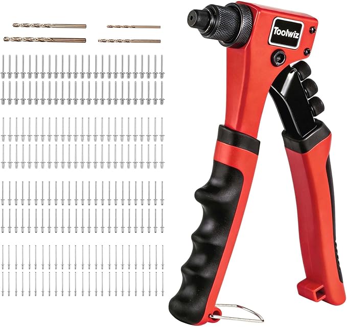 Toolwiz Rivet Gun One-Handed Rivet Gun Kit with 200pcs Rivets, 4pcs Tool-Free Interchangeable Heads and 4pcs Drill Bits - Heavy Duty Hand Riveter for Metal, Wood, Plastic, Leather, Fabric
