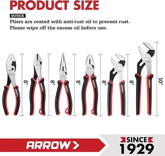 ARROW 6PCS Pliers Set, Carbon Steel Pliers Kit with Storage Pouch | 8" Long Nose, Diagonal Cutting, Linesman, Slip Joint, 8" & 10" Groove Joint, Non-Slip Handle, DIY, Home Repair & Maintenance