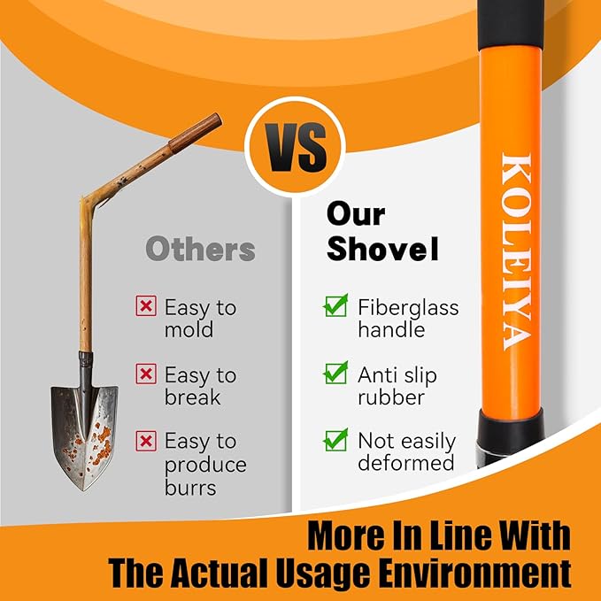 KOLEIYA Shovel for Digging,Heavy Duty Garden Shovel,Shovels for Gardening Digging,Spade Shovel with Orange Fiberglass Handle,57 inches
