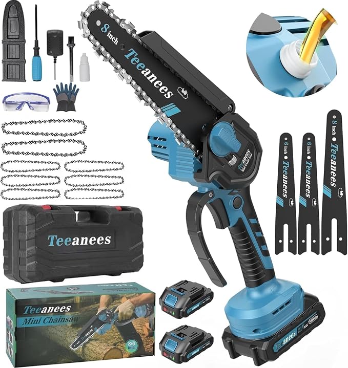 Mini Chainsaw Cordless with 2 Batteries & 8 Chains, Dual Guide Bars (8" & 6"), 1000W Electric Battery Powered Chain Saw for Tree Trimming, Wood Cutting, Garden Gift (Blue)