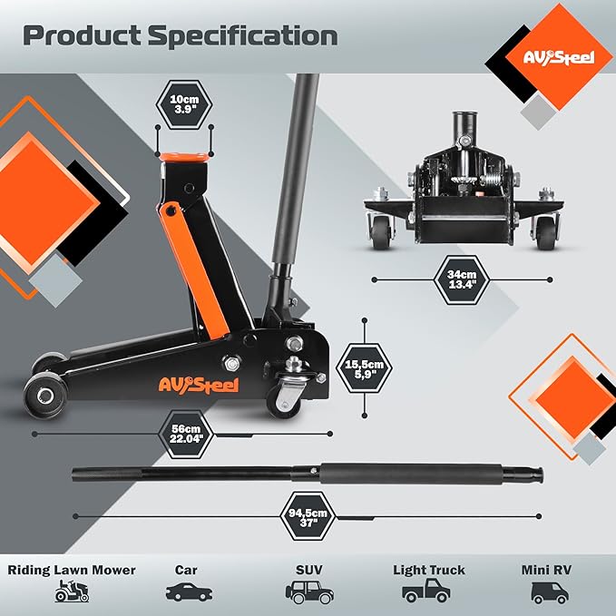 AV Steel 3 Ton Floor Jack (6600 lbs), Heavy Duty Hydraulic Jack for Car, Heavy-Duty Floor Jack with Single Piston Pump, Quick Lift Car Jack 3 ton with Lifting Range 5.5'' to 18.5''