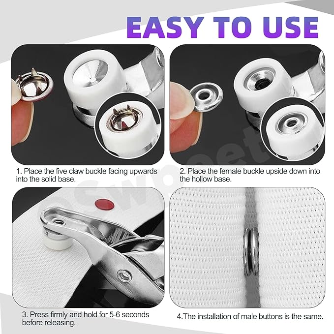 Swpeet 100 Sets 9.5mm/0.37" Silver Hollow Metal Snaps Buttons with Snap Fasteners Pliers Pull Crayons Tape Measure Assortment Kit, Leather Snap Button Fasteners Tools Kit for Clothing Sewing Crafting