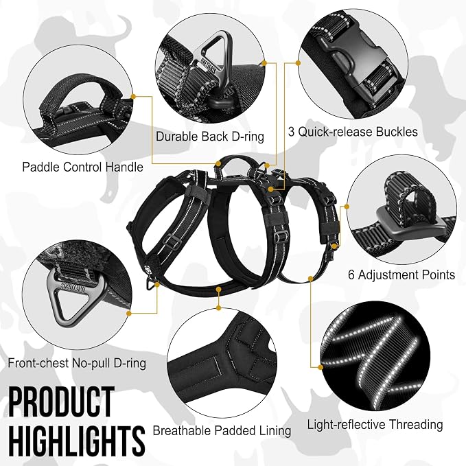 OneTigris Dog Harness No Pull, Adjustable Tactical Harness with Soft Padding, Y-Shaped Reflective Easy Walk Dog Harness for Medium and Large Dogs