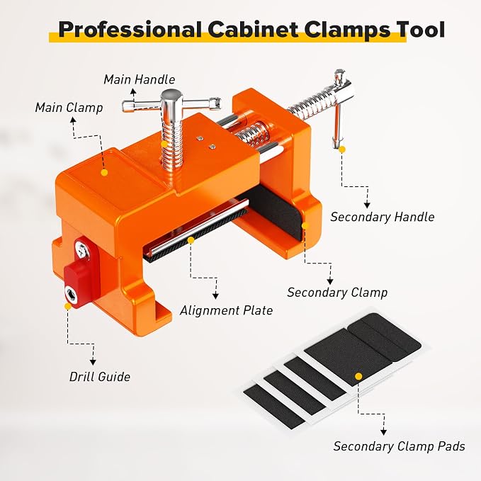 Cabinet Clamps, Cabinet Installation Cabinetry Clamps Face Frame Clamps Tools with Two Side Screws and Alignment Plate, 4 Pack, Orange