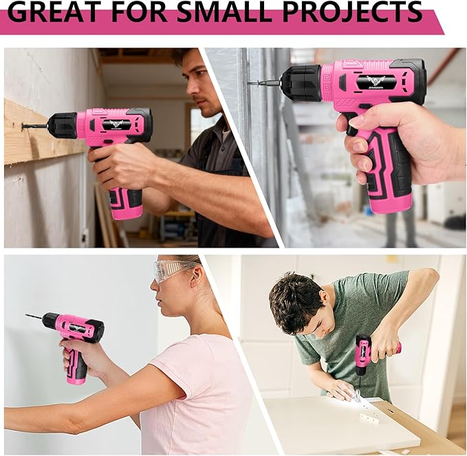 JENABOM 8V Power Cordless Drill, Electric Screwdriver for Women, Pink Drill Set with 3/8"Keyless Chuck, Built-in LED, Type-C Charge Cable, Variable Speed Trigger
