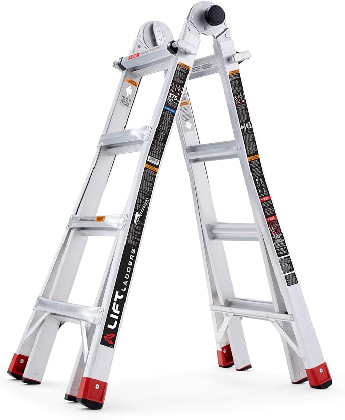 Lift Ladders Aluminum Step Ladder, 5-in-1 Multi-Position Frame, 18 Ft Reach, Silver - Extendable Indoor and Outdoor Equipment for Home, Kitchen, Office, and Garage - Portable and Lightweight