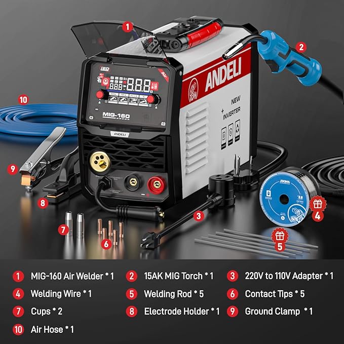 ANDELI 160A MIG Welder, GAS MIG/FLUX MIG/LIFT TIG/STICK 4-In-1 Multiprocess 110V/220V Dual Voltage Welder, LED Digital Display Synergic Control,Gas Gasless Welding Machine With welding rods