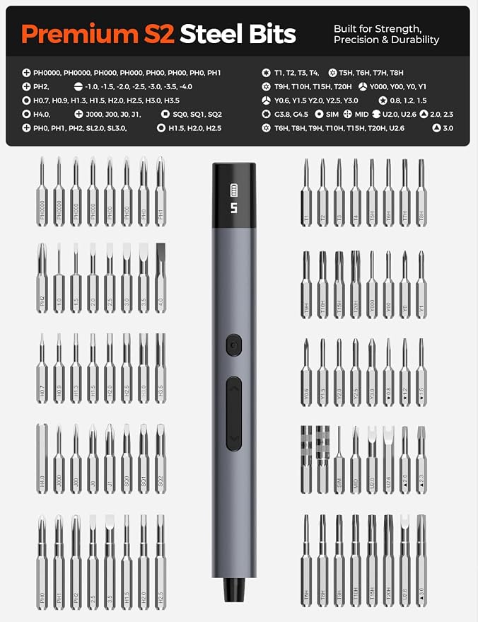 Electric Precision Screwdriver Set, 80 Magnetic Bits, Max 0.75N.m Torque, Mini Electric Screwdriver with 5 Torque Levels, Cordless Repair Tool for Electronics, PC Build, Laptop, Phone and Camera
