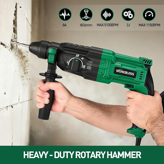 1 Inch SDS-Plus Rotary Hammer Drill, 8Amp, 3.0J 4 Functions Variable Speed Hammer Drill with Safety Clutch for Concrete Demolition Chipping,3 Drill Bits, 2 Chisels, 1 Adapter