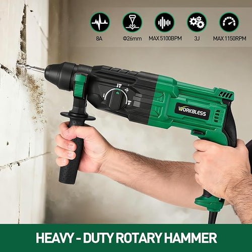 1 Inch SDS-Plus Rotary Hammer Drill, 8Amp, 3.0J 4 Functions Variable Speed Hammer Drill with Safety Clutch for Concrete Demolition Chipping,3 Drill Bits, 2 Chisels, 1 Adapter