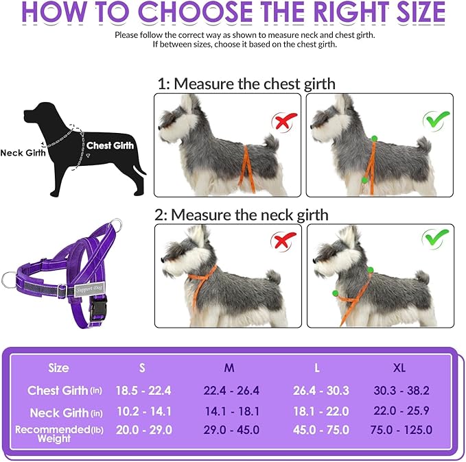SlowTon No Pull Dog Harness with Front Clip - Heavy Duty, Soft Padded | Neck & Chest Adjustable, Tactical Pet Vest and Leash Set for Large Medium Sized Dogs, for Easy Walk & Training, Purple XL