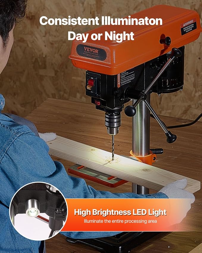VEVOR 8 in Benchtop Drill Press, 2.5A Induction Motor, Tabletop Drilling Machine with 750/1140 / 1740/2340 / 3200 RPM Adjustable Speed, 0-45° Tilting Worktable, LED Work Light, for Wood Metal