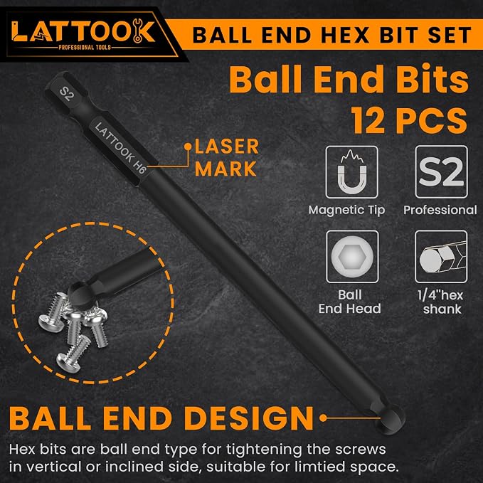 Metric Ball End Hex Bit Set with Quick Change Bit Driver | LATTOOK 12PCS Ball End Hex Head Allen Wrench Drill Bit Set, Allen Key Drill Bit Set, Magnetic S2 Steel, 4'' Long