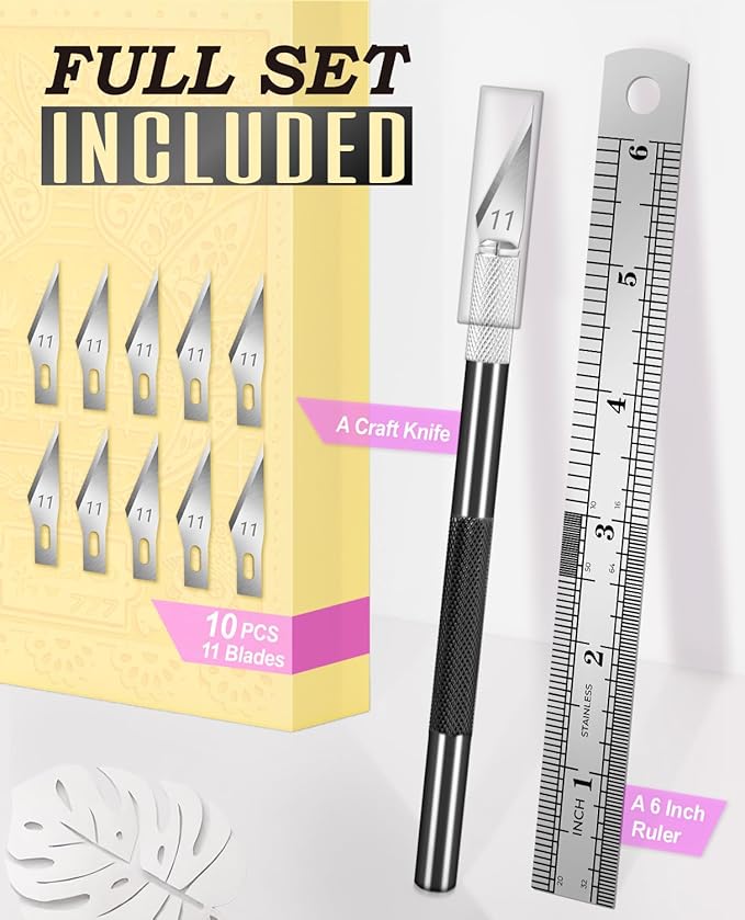 DIYSELF Craft Knife with 10 Extra #11 Blades, Precision Hobby Knife Set with Steel Ruler, Exacto Knife for Crafting, Polymer Clay, Pottery, Paper, Vinyl, Stencil & Model Making (Black)