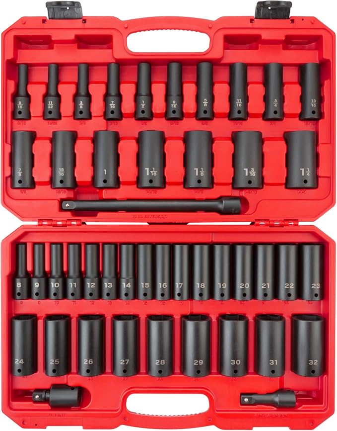 TEKTON 1/2 Inch Drive Impact Socket Set, 45-Piece | SID92404 | (5/16 - 1-1/4 in., 8 - 32 mm), Deep, 6-Point, Case