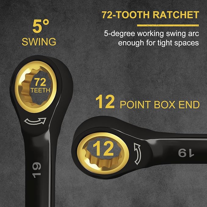 Egofine 12mm Ratchet Wrench, 12mm Wrench Ratcheting Combination Wrenches Metric, Industrial Grade Gear Spanner with 12 Point Box End, 72-Teeth Ratchet Black Electrophoretic Coating,CR-V