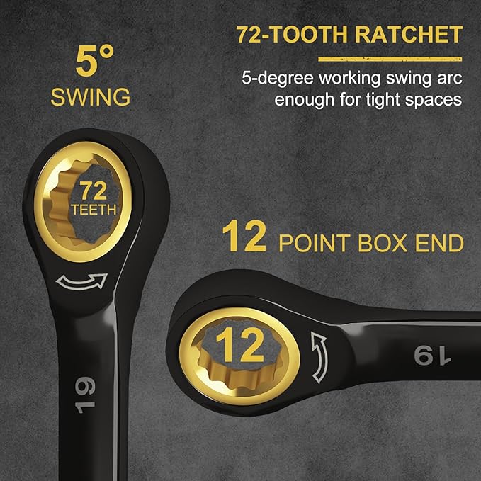 Egofine 19mm Ratchet Wrench, 19mm Wrench Ratcheting Combination Wrenches Metric, Industrial Grade Gear Spanner with 12 Point Box End, 72-Teeth Ratchet Black Electrophoretic Coating,CR-V