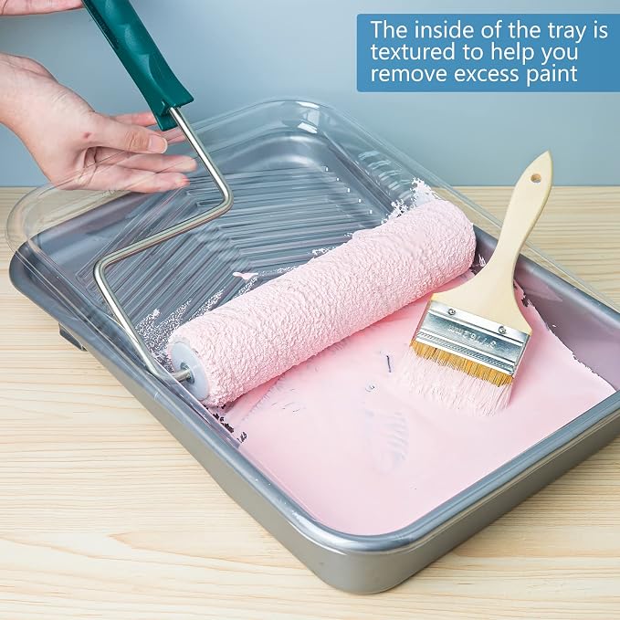 Mister Rui Paint Tray, 22 Pack 9 Inch Paint Roller Trays, Disposable Paint Tray with Liners and 5 Wire Roller Frame, Plastic Paint Trays for Painting Walls