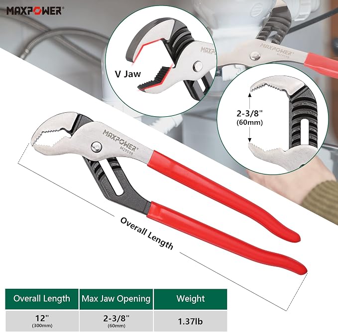 MAXPOWER Groove Joint Pliers Set, 8 inch and 12 inch Quick Adjustable Serrtated V Jaw Tongue and Groove Pliers