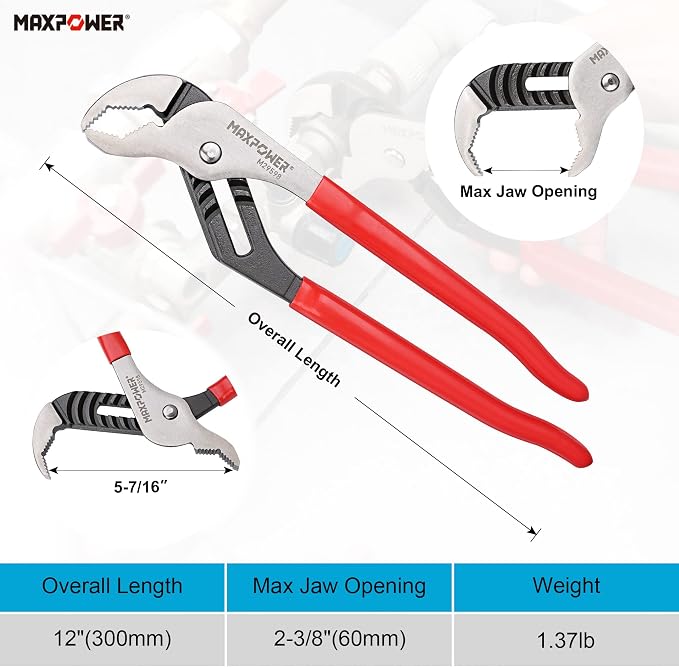 MAXPOWER 12 inch Groove Joint Pliers, Quick Adjustable Serrtated V Jaw Tongue and Groove Pliers