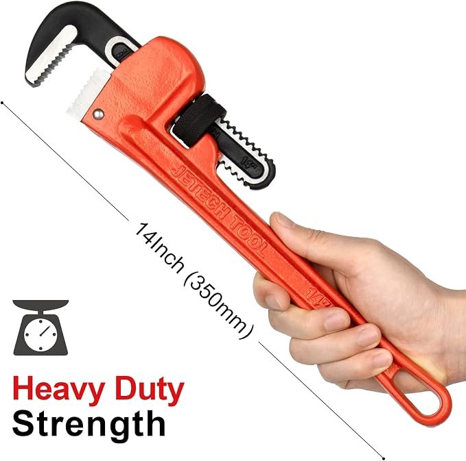 Jetech 14-inch Heavy Duty Straight Pipe Wrench, Adjustable Aluminum Plumber Wrench with Floating Hook Jaw and I-Beam Handle, Red