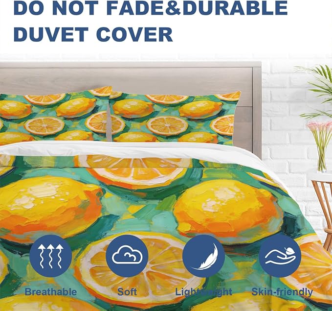 Batmerry Lemons Queen Size 100% Cotton Duvet Cover Sets, Impressionistic Lemon Pattern Bedding Set with Zipper Closure Corner Ties, 3 Pieces (1 Cover + 2 Pillowcases No Comforter)