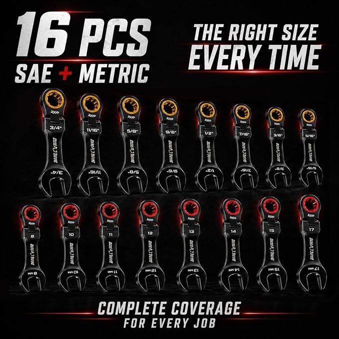16PCS Stubby Flex Head Ratcheting Wrench Set, SAE & Metric Combination Wrenches, 72-Tooth Short Handle Ratchet Spanner Set for Tight Spaces, Auto Repair & Garage Maintenance, 8-17mm & 5/16"-3/4"