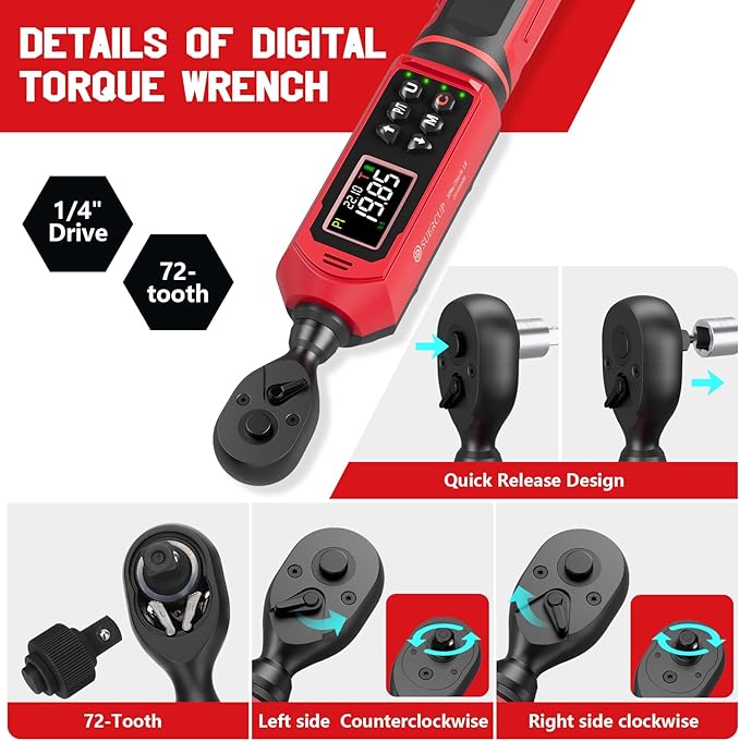 SUERCUP 1/4-inch Digital Torque Wrench(0.33-22.1Ft.Lb/0.45-30N.m) ±1% Accuracy Digital Torque Wrench with Vibration, Buzzer,LED Notification and Five Units of Measure, for Bike, DIY and Home Repair