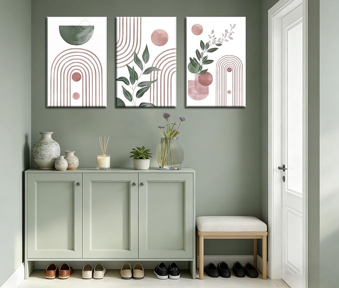 Frimeeme Framed Large Boho Pink and Green Canvas Print Set of 3 ，Abstract Leaves Geometry, Ready to Hang, 16x24 Inches