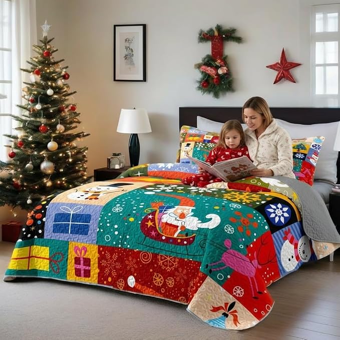 Merry Christmas Patchwork Green Quilt Set King- Santa Claus Gift Snowman Checkered Printed Holiday Bedding Set - Soft Microfiber Lightweight Comforter Coverlet Bedspread(Gift, King(90"x104"))