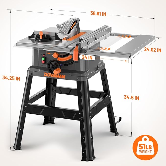 DOVAMAN 10-Inch 15A Table Saw, Tablesaw/W Stand, Max Cutting Height: 2.48" (45°) / 3.35" (90°), 5300 RPM Copper Motor, Extension on One Side, Multifunctional Table Saw for Various Wood Working