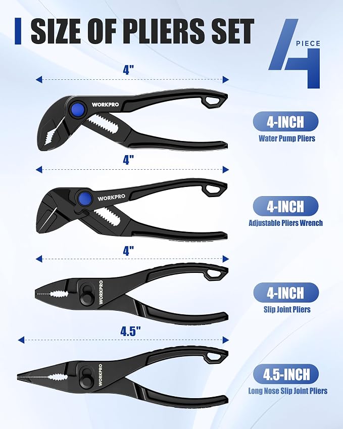 WORKPRO 4-Piece Mini Pliers Set with Pouch, Includes 4-Inch Plier Wrench & Slip Joint & Water Pump Pliers & 4.5-Inch Long Nose Slip Joint Plier, Adjustable Pliers/Pocket Plier/EDC Tool Gift for Man