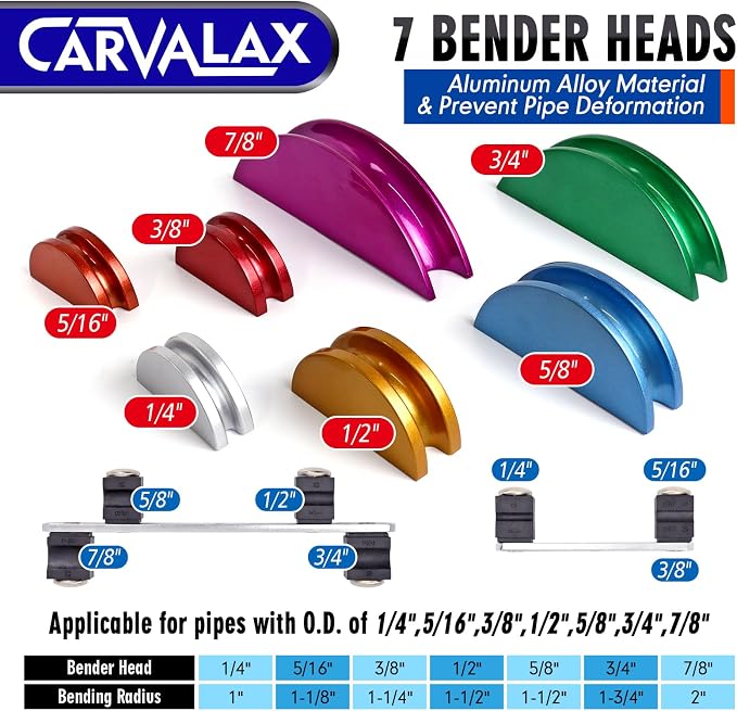 CARVALAX 90° Ratcheting Tube Bender Kit - 7 Color-Coded Aluminum Heads for 1/4" to 7/8" Pipes, Reverse-Bend Adapters & Portable Toolbox, Tube Cutter & Deburring for HVAC/Heating Repair (Blue）
