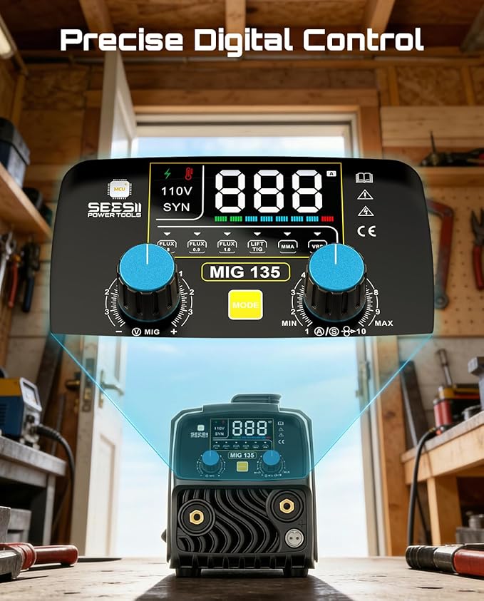 SEESII 135A MIG Welder 110V - 3-in-1 Gasless Flux Core/Lift TIG/Stick Welding Machine, 7.7lbs Portable IGBT Inverter, Large Digital Display Multi Process Welder