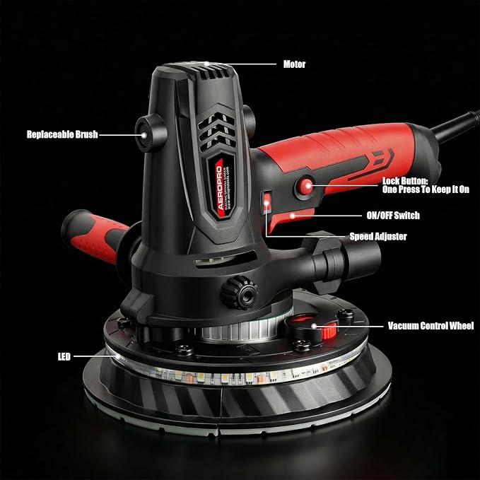 AEROPRO Tools Electric Drywall Sander 800W with Vacuum Dust Collection, Popcorn Ceiling Remover, 1200-2300RPM, Soft Start, LED Light, Auxiliary Handle, 12 Sanding Discs & 1 Polishing Pad