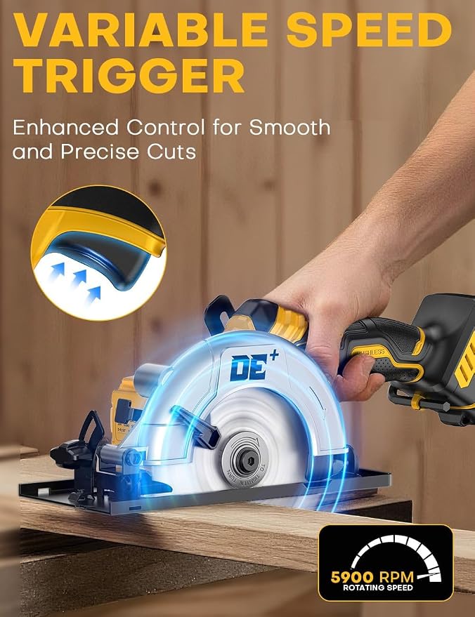 Brushless Cordless Circular Saw, for DeWalt 20V Max Battery, 6-Inch Aluminum Alloy Blade, 5900 RPM, 4.2 Lbs Lightweight, Cutting Depth 2-1/20" (90°), 0-90° Bevel, Hex Wrench, Rip Guide, for Wood, PVC