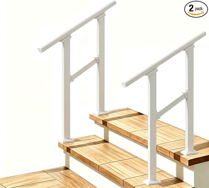 Hand Rails for Outdoor Steps，Stair Handrail & Indoor Stair Railing Kit，Railings for Outdoor Steps for Fence & Outdoor Steps (2, White-Straight, 2 Step)