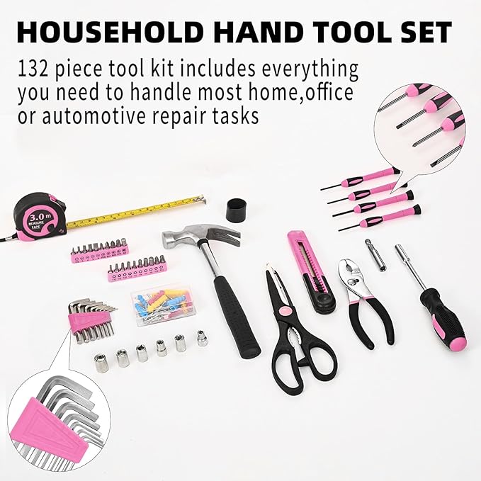 132 Piece Pink Tool Set, Womens Tool Kit for House, All Purpose Tool Kit for Home & Women, Small Home Repair Tool Set with Plastic Storage Toolbox for Garage, Office, College Dormitory, DIY Projects