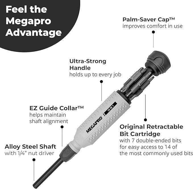 MEGAPRO® 15-in-1 Original Multi-bit Screwdriver | Home DIY & Repair | Construction | Tradeswork | 14 Industrial-grade bit tips | 1/4" Hex Drive in shaft (Original NAS Light Grey/Charcoal)