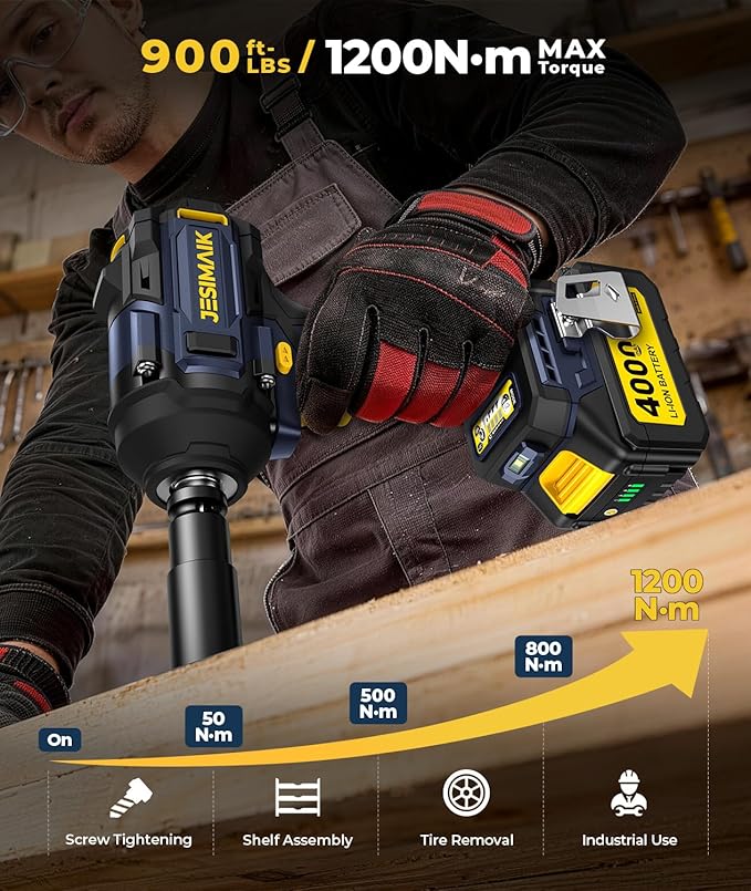 JESIMAIK Cordless Impact Wrench, 900Ft-lbs (1200N.m) 1/2" Brushless Impact Gun, 21V High Torque Impact Gun with 2×4.0Ah Batteries, 4 Variable Speeds, 5 Sockets, Impact Driver for Car/Pickup/Mower