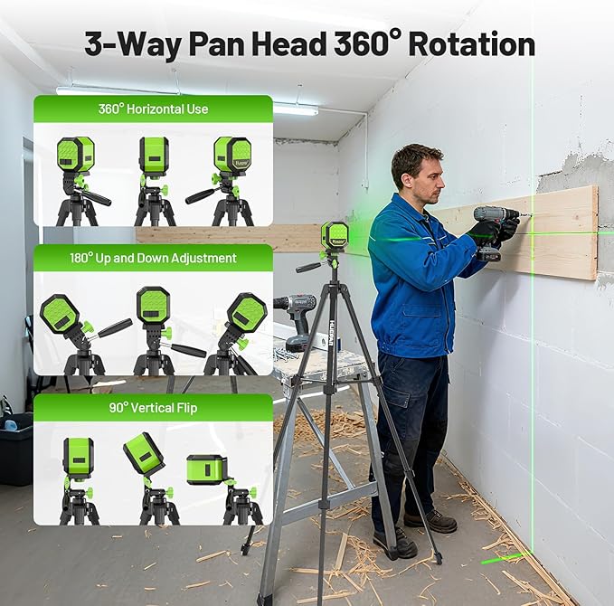 Laser Level with 60 Inch Tripod, Fathers Day Dad Gifts, Huepar 100Ft Self Leveling Laser Level Rechargeable Green Cross Line Lazer Leveler Tool for Picture Hanging, Magnetic Bracket & Target Plate