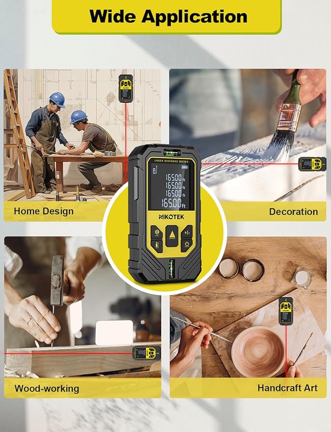 Laser Measure, NIKOTEK Laser Distance Meter with 2 Bubble Levels and LCD Backlit, for Pythagorean Mode, Measuring Distance, Area, Volume