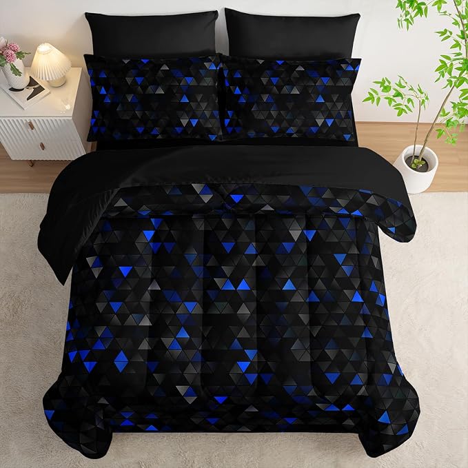 Nttopship Geometric Blue Black Triangle King Size Comforter Set,Light Honeycomb Bedding Set 7 Piece in A Bag,Bed Sheet Set Geometry Decor,Microfiber Lightweight All Season
