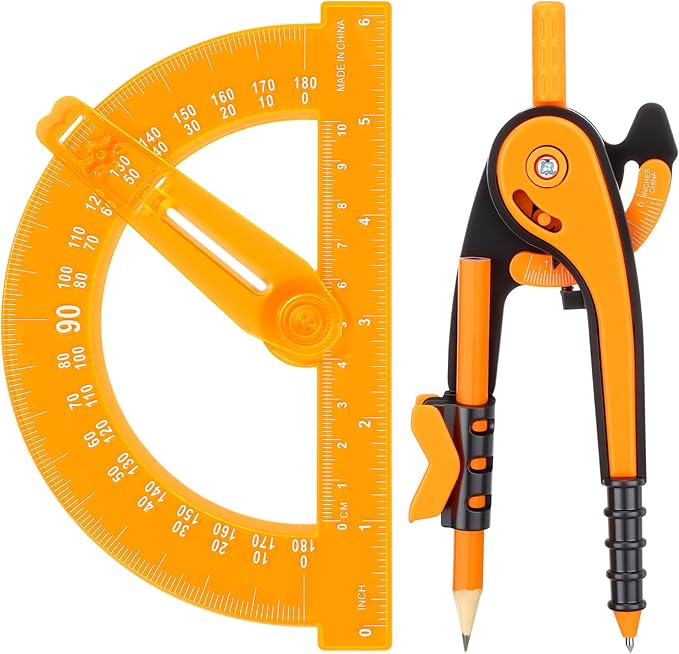 Zonon Student Protractor and Compass Set, Student Geometry Math Set Drawing Compass and 180 Degree 6 Inch Protractor with Swing Arm for Drawing Measuring School Office(Orange)