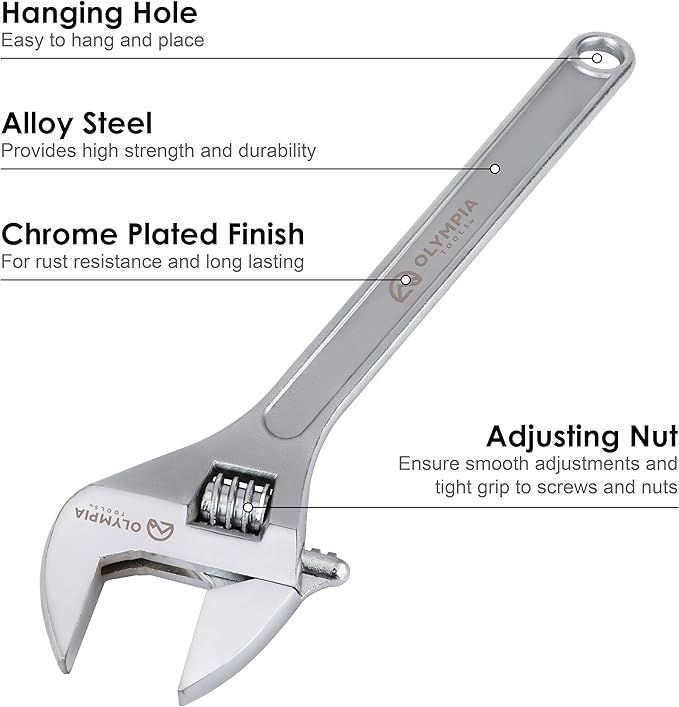 Olympia Tools 24" Adjustable Wrench, Heavy Duty Drop Forged Steel, Chrome Plated, Precision Machined Jaws, Rust Resistant