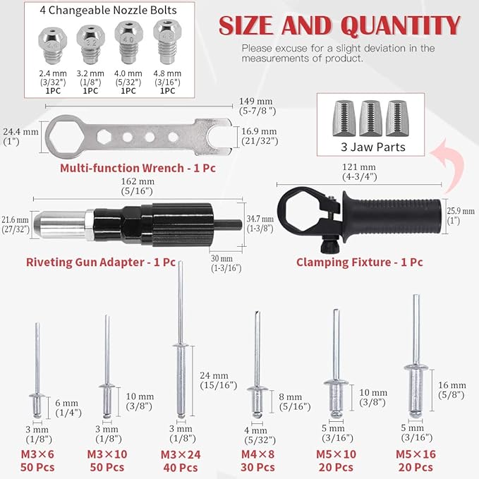 Hilitchi Professional Rivet Gun Adapter Kit with 210Pcs M3 M4 M5 Aluminum Assorted Rivets, 4Pcs Different Matching Nozzle Bolts, Wrench and Clamping Fixture for Cordless Drill, Sheet Metal Work