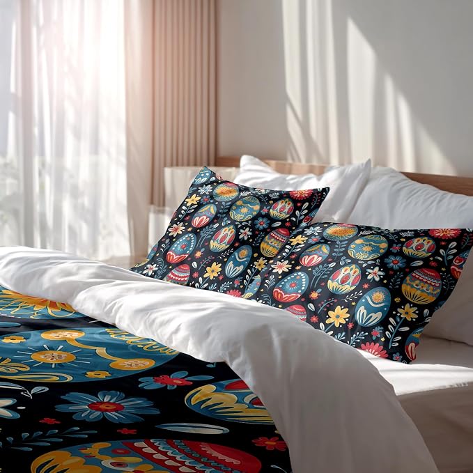 Batmerry Easter Eggs Flowers Full Size 100% Cotton Duvet Cover Sets, Decorative with Colorful Eggs Blooms Bedding Set with Zipper Closure Corner Ties, 3 Pieces (1 Cover + 2 Pillowcases No Comforter)