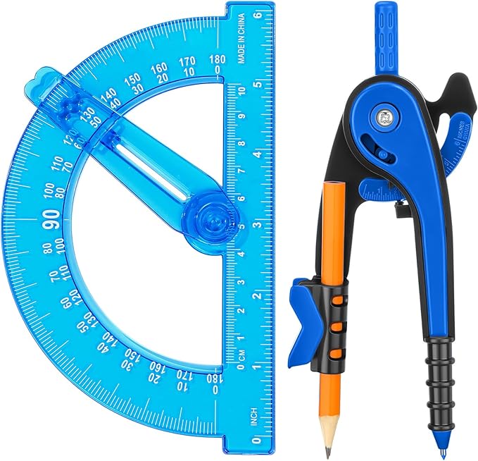 Zonon Student Protractor and Compass Set, Student Geometry Math Set Drawing Compass and 180 Degree 6 Inch Protractor with Swing Arm for Drawing Measuring School Office(Blue)