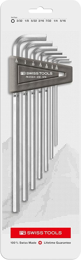 PB SWISS TOOLS Long Hex Key L-Wrenches PB 214Z.H CN | 100% Swiss Made | 7-Piece Allen Key Set (Inch) Size 3/32" to 5/16" in Practical Holder