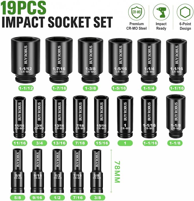 19PCS Impact SAE Impact Socket Set 1/2" Drive, 6-Point Cr-V & Alloy Steel Deep Socket Set 3/8" to 1-1/2", Cr-V Steel, Double Lock Case